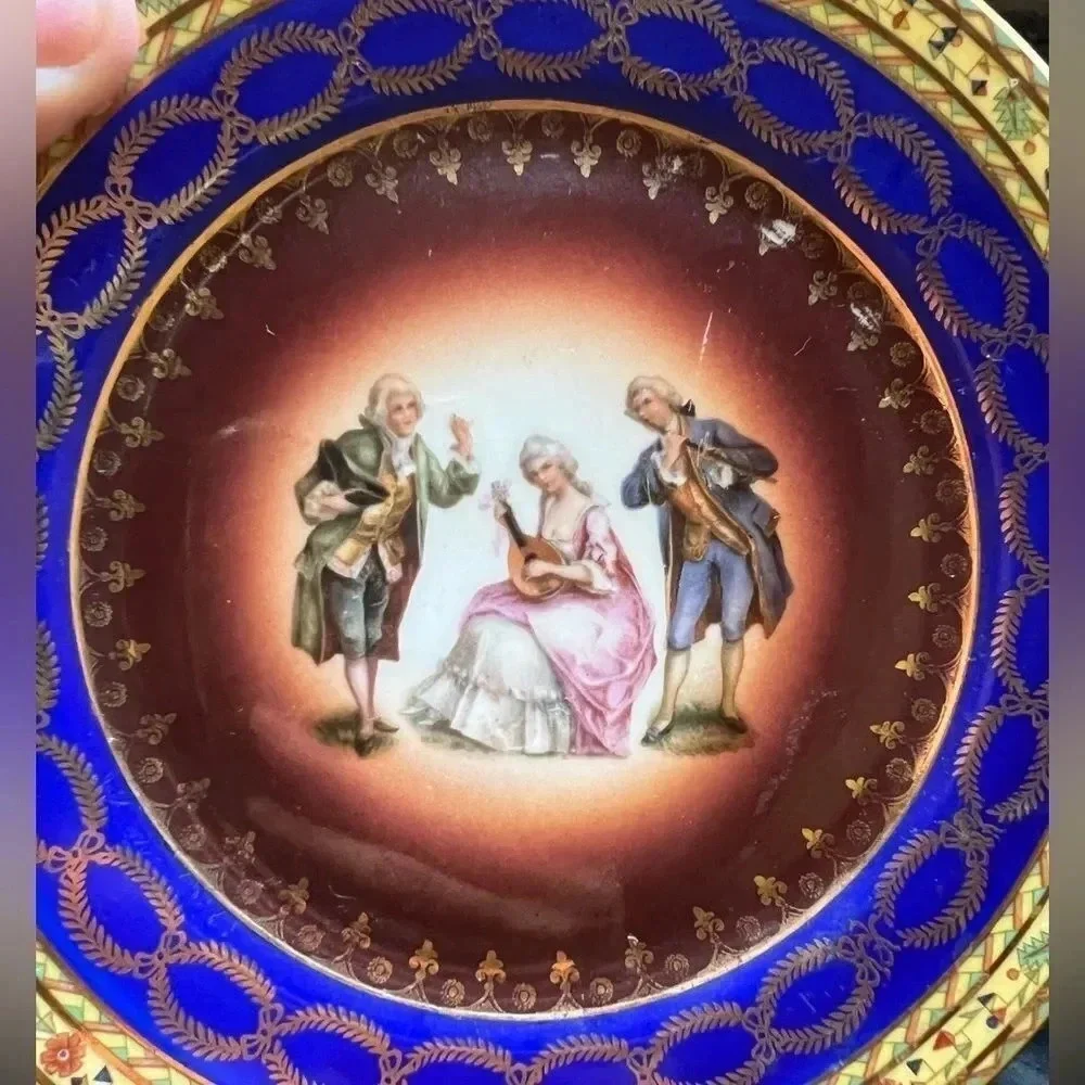 Vintage JK Carlsbad Colonial Blue And Gold China Decorative Plate 6.5 x 6.5